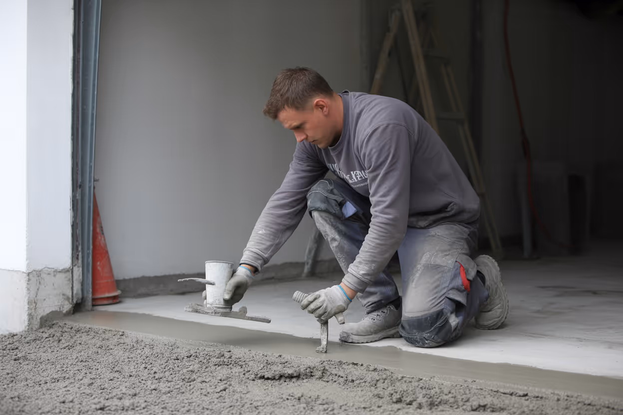 Bauarbeiter glättet frisch gegossenen Betonboden mit einer Abziehlatte bei Betonarbeiten in Hamburg